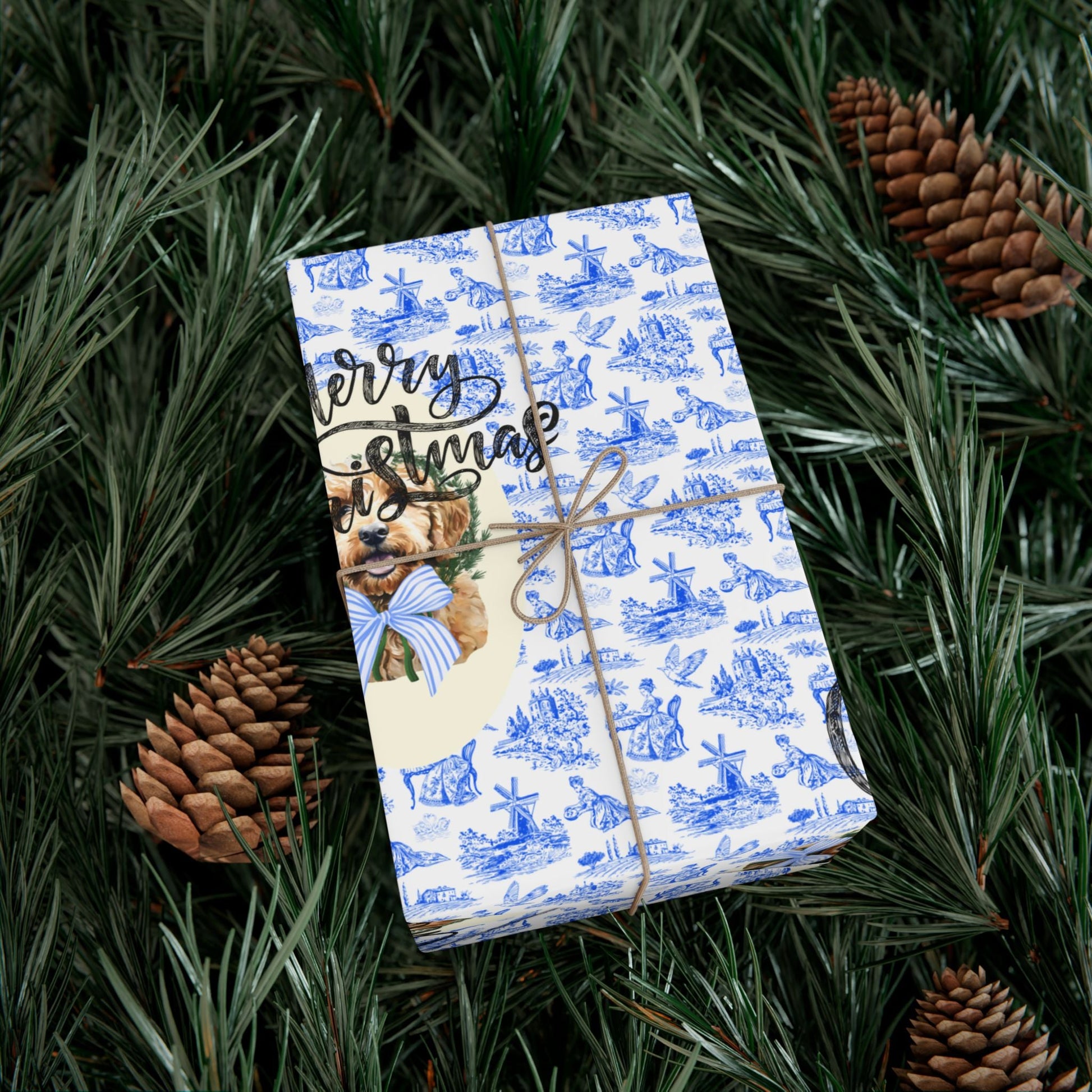 Vintage Blue Toile Goldendoodle Christmas Wrapping Paper Printify