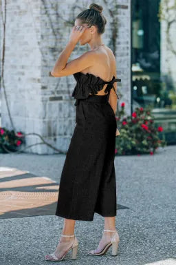 Black Linen Backless Ruffled Strapless Wide Leg Jumpsuit