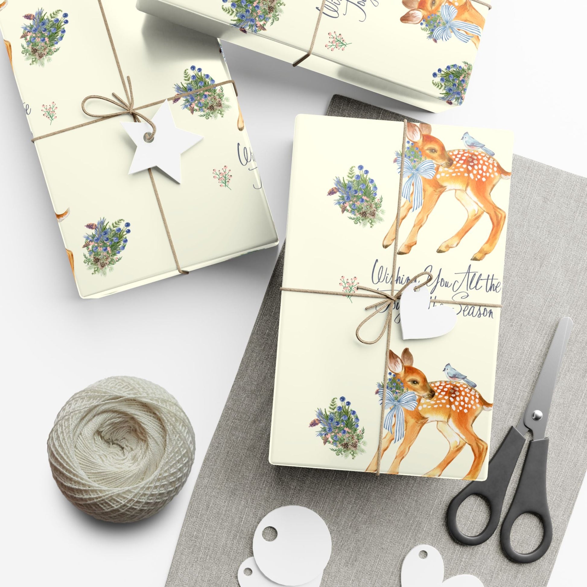 Chinoiserie Christmas Deer Wrapping Paper Rolls, Holiday Gift Packaging, Festive Xmas Patterns, Vintage Woodland Printify