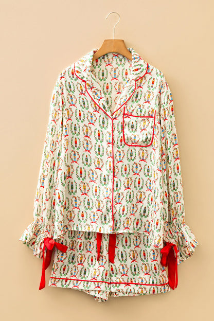 Beige Nutcracker Print Contrast Trim Tied up Bow Silky 2pcs Pajama Set Dear-Lover Dropshipping