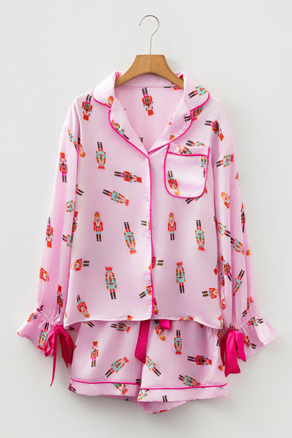 Beige Nutcracker Print Contrast Trim Tied up Bow Silky 2pcs Pajama Set Dear-Lover Dropshipping