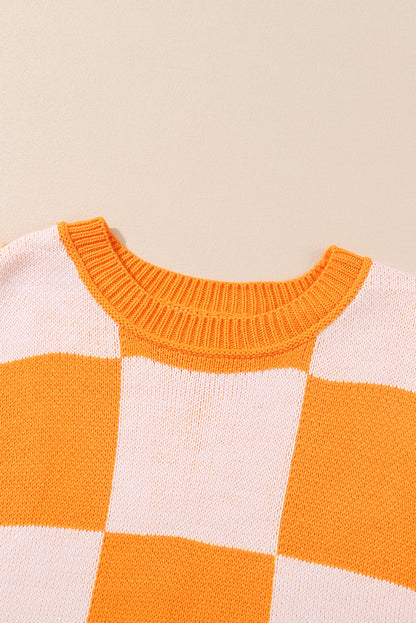 Orange & White Plaid Exposed Seam Bishop Sleeve Sweater