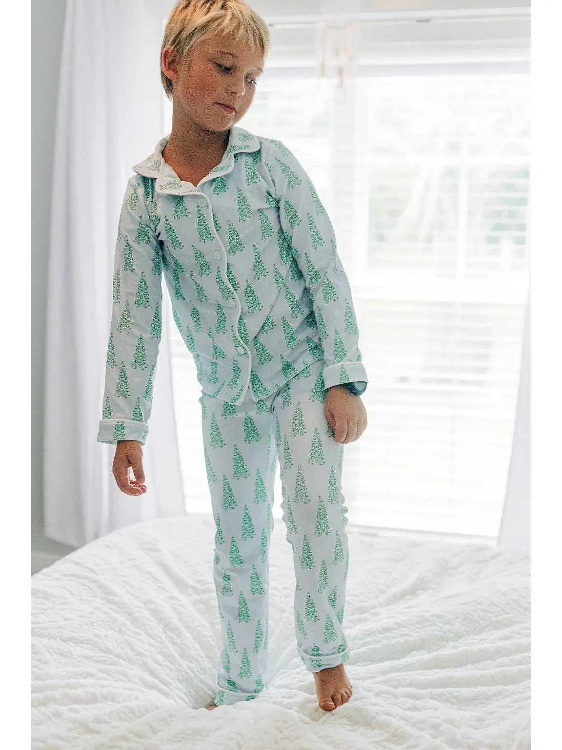 Family Christmas Pajamas Button Down PJs - Blue Christmas Tree