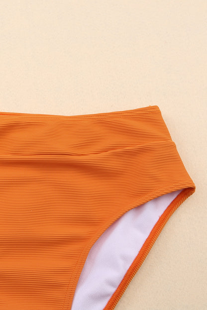 Orange Color Block Spaghetti Strap High Waist Two Piece Swimsuit