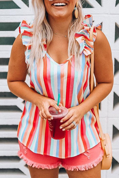 Multicolor Striped V Neck Ruffle Straps Sleeveless Shirt