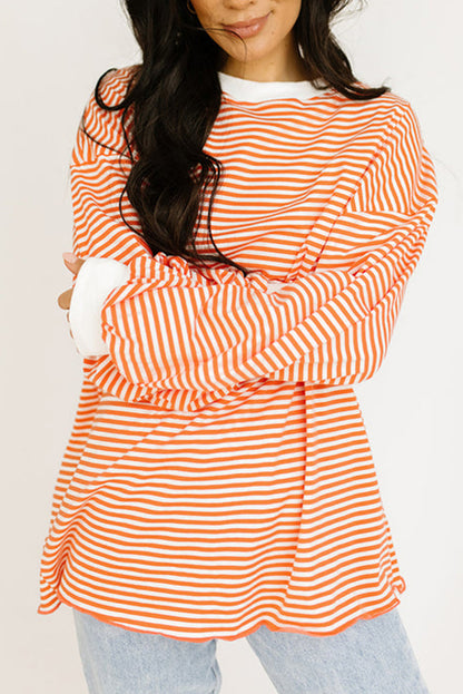 Gameday Orange & White Striped Contrast Trim Drop Sleeve Sweatshirt