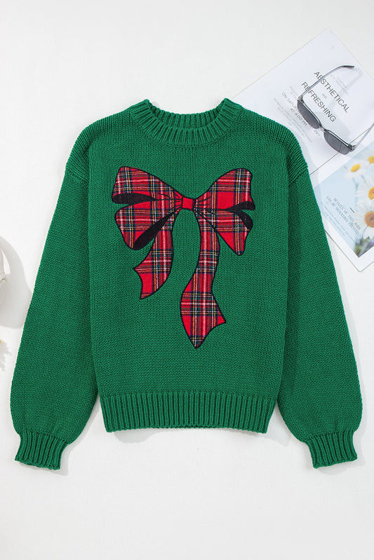 Evergreen Plaid Bow Graphic Christmas Sweater Dear-Lover Dropshipping