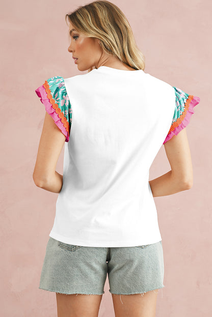 White Color Block Floral Print Ruffle Sleeve Blouse