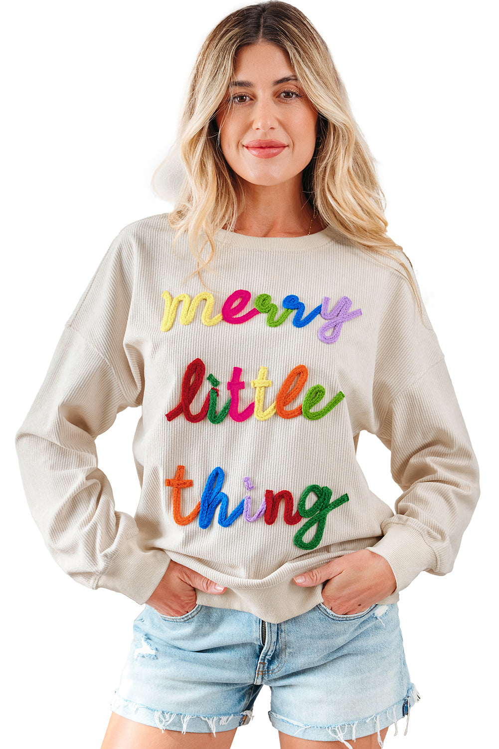 Beige merry little thing Corded Letter Graphic Ribbed Loose Sweatshirt Dear-Lover Dropshipping