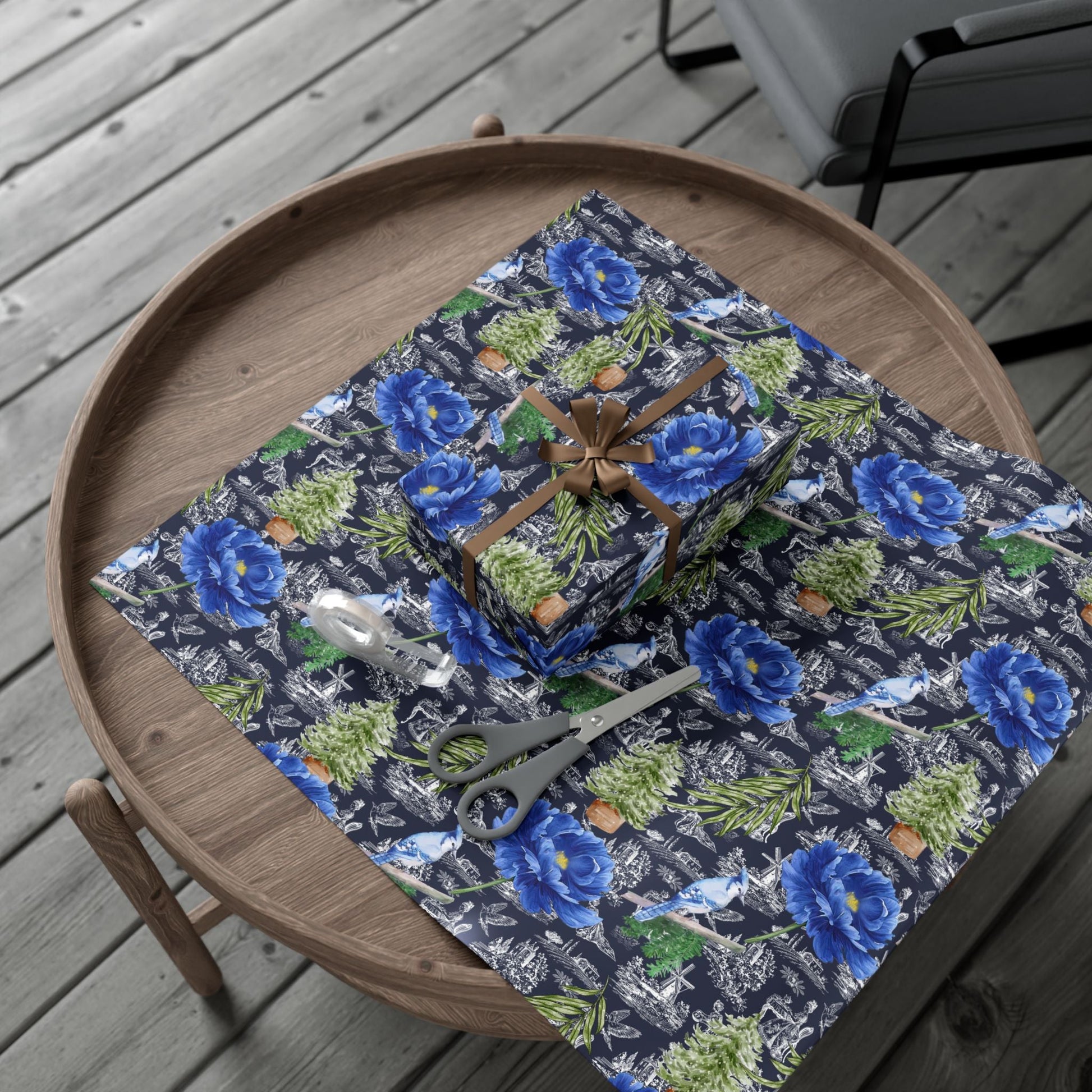 Blue Floral with Christmas Greenery Wrapping paper Printify
