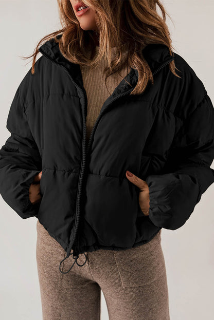 Black Zip Up Drawstring Hem Pocket Puffer Coat