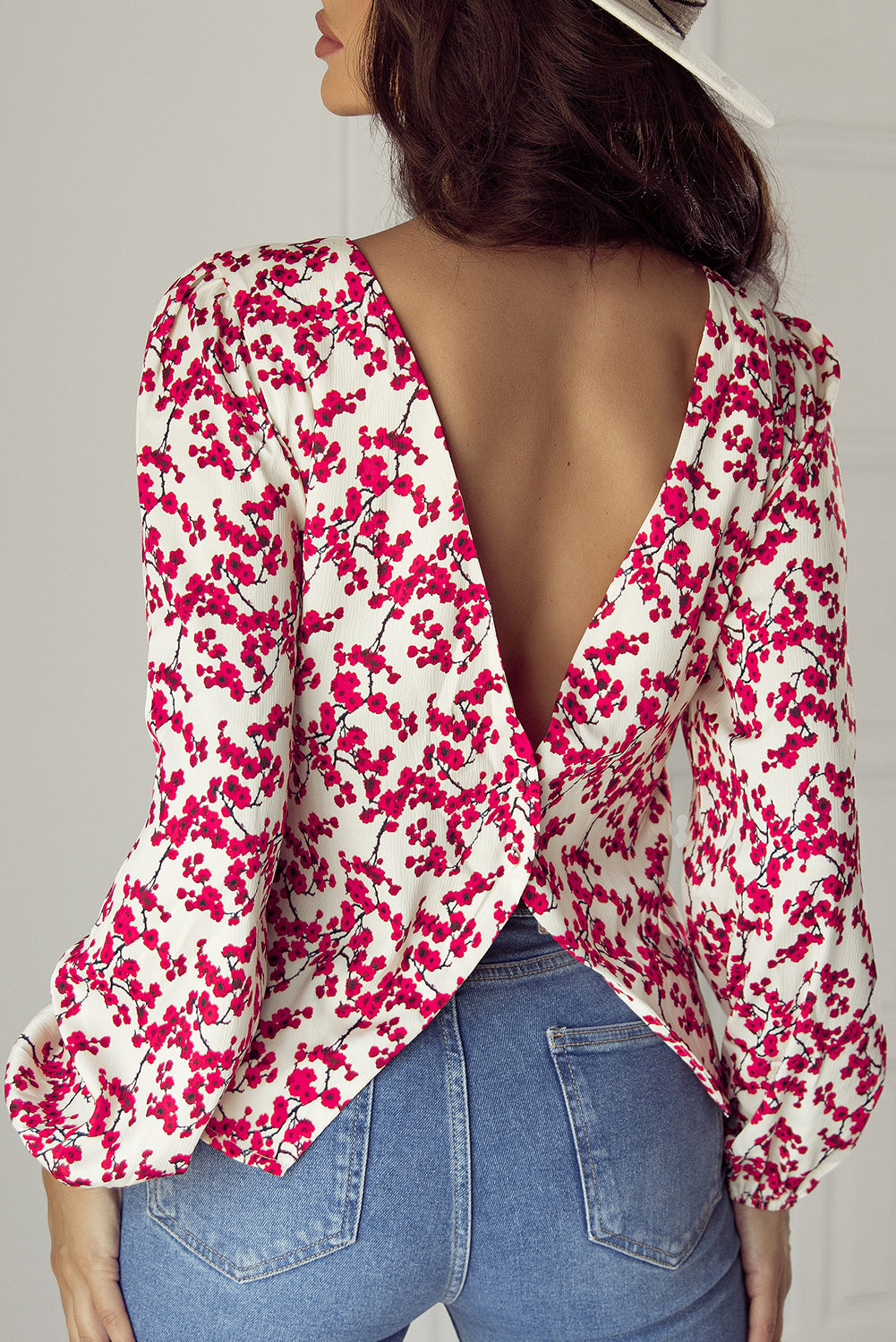 Red Floral Print Long Sleeve Open Back Blouse