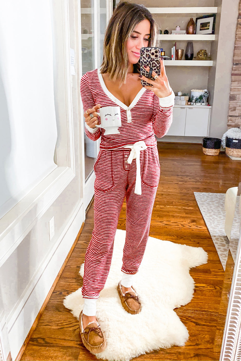 Red Striped Top and Knotted Waist Pants Pajama Set