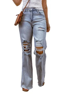 Light Blue Washed Wide Leg Raw Hem Distressed Jeans