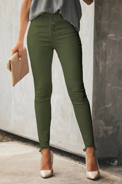 Green Plain High Waist Buttons Frayed Cropped Denim Jeans