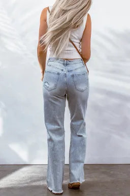 Light Blue Washed Wide Leg Raw Hem Distressed Jeans