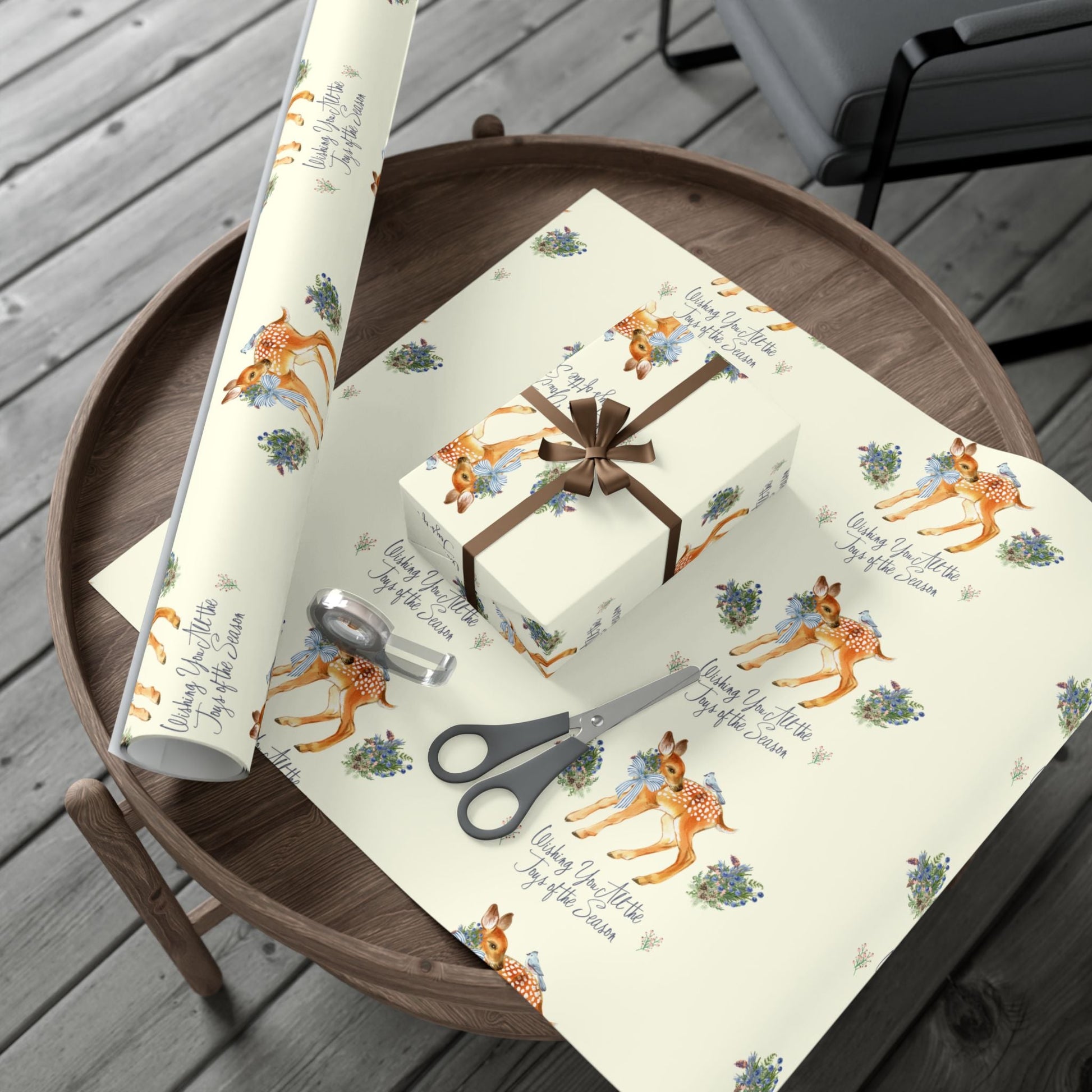 Chinoiserie Christmas Deer Wrapping Paper Rolls, Holiday Gift Packaging, Festive Xmas Patterns, Vintage Woodland Printify