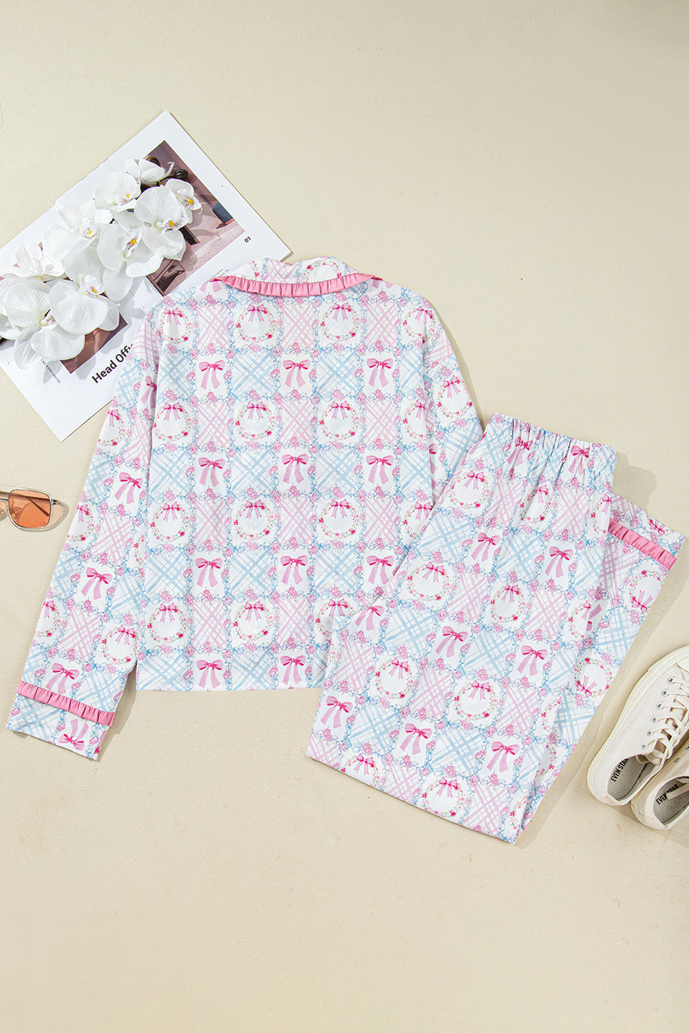 Pink Bow Wreath Pattern Christmas Holiday Tied Front Long Sleeve 2pcs Pajama Set Dear-Lover Dropshipping