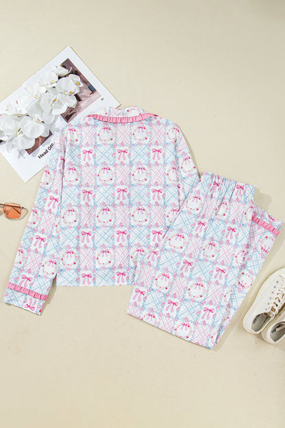Pink Bow Wreath Pattern Christmas Holiday Tied Front Long Sleeve 2pcs Pajama Set Dear-Lover Dropshipping