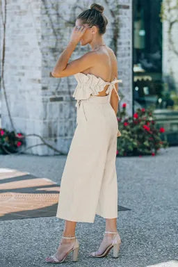 Beige Linen Ruffled Strapless Wide Leg Jumpsuit