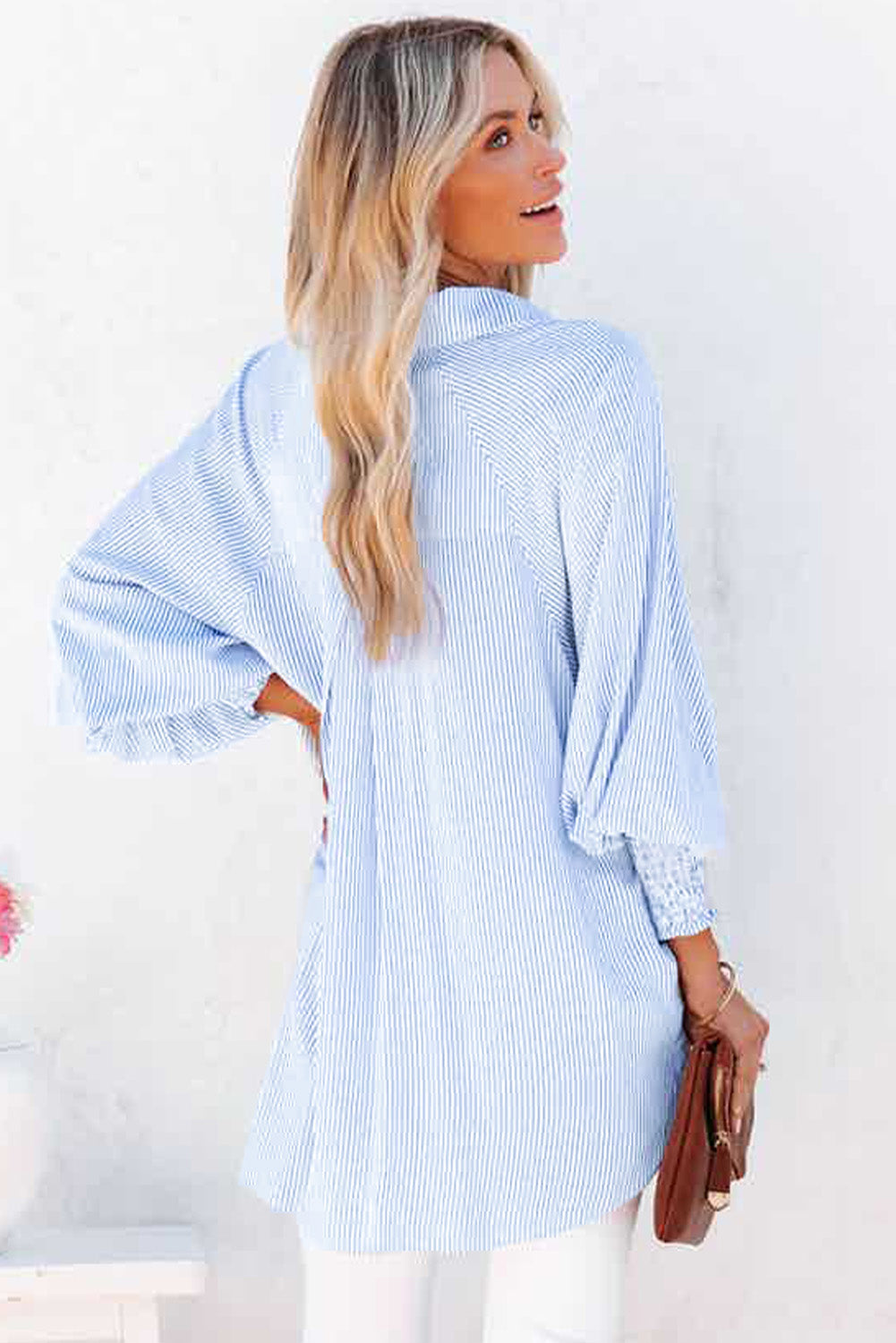 Sky Blue Smocked Cuffed Striped Boyfriend Shirt with Pocket