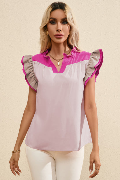 Pink Colorblock Ruffled Sleeve Frill V Neck Blouse