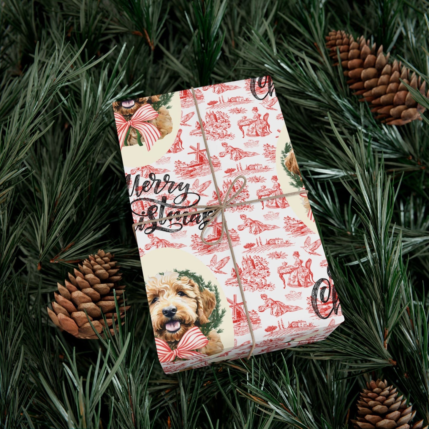 Vintage Red Toile Goldendoodle Christmas Wrapping Paper Printify