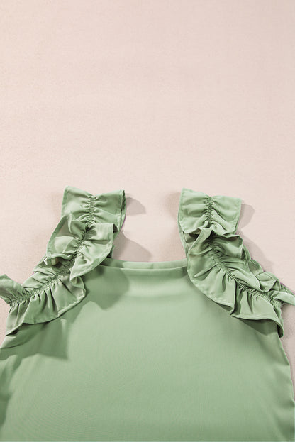 Smoke Green Plain Ruffle Trim Sleeveless Blouse