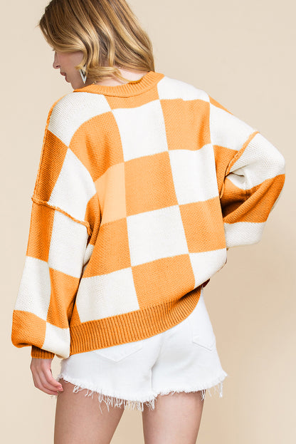 Orange & White Plaid Exposed Seam Bishop Sleeve Sweater