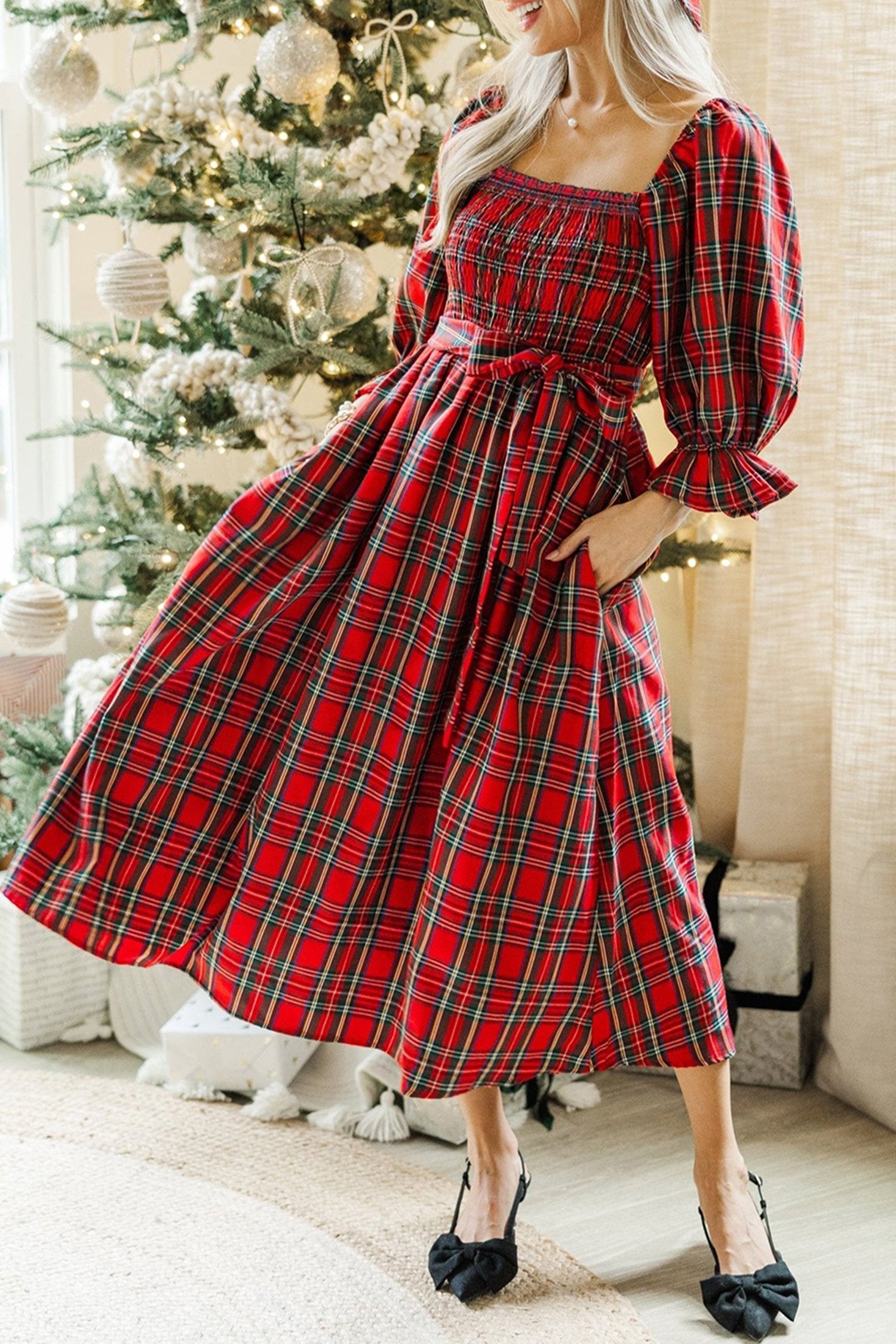 Holiday Red Tartan Plaid Midi Dress Dear-Lover Dropshipping