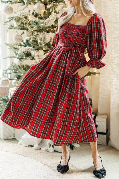 Holiday Red Tartan Plaid Midi Dress Dear-Lover Dropshipping