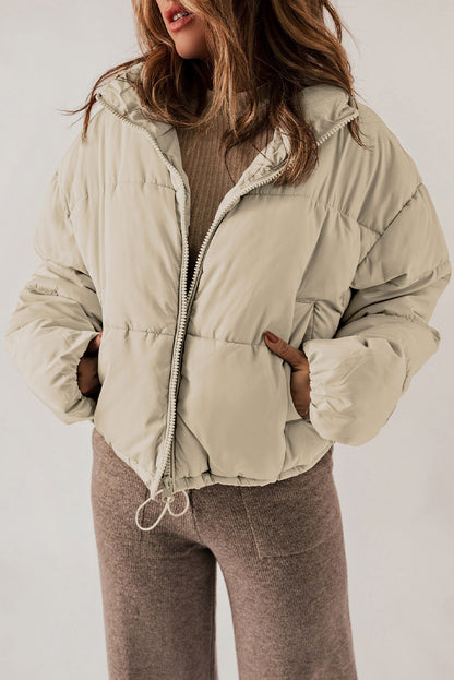 Apricot Zip Up Drawstring  Puffer Coat****