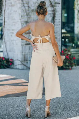 Beige Linen Ruffled Strapless Wide Leg Jumpsuit