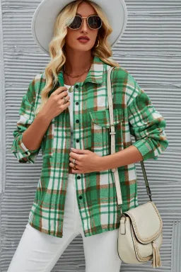 Kelly Green Plaid Button Up Shacket