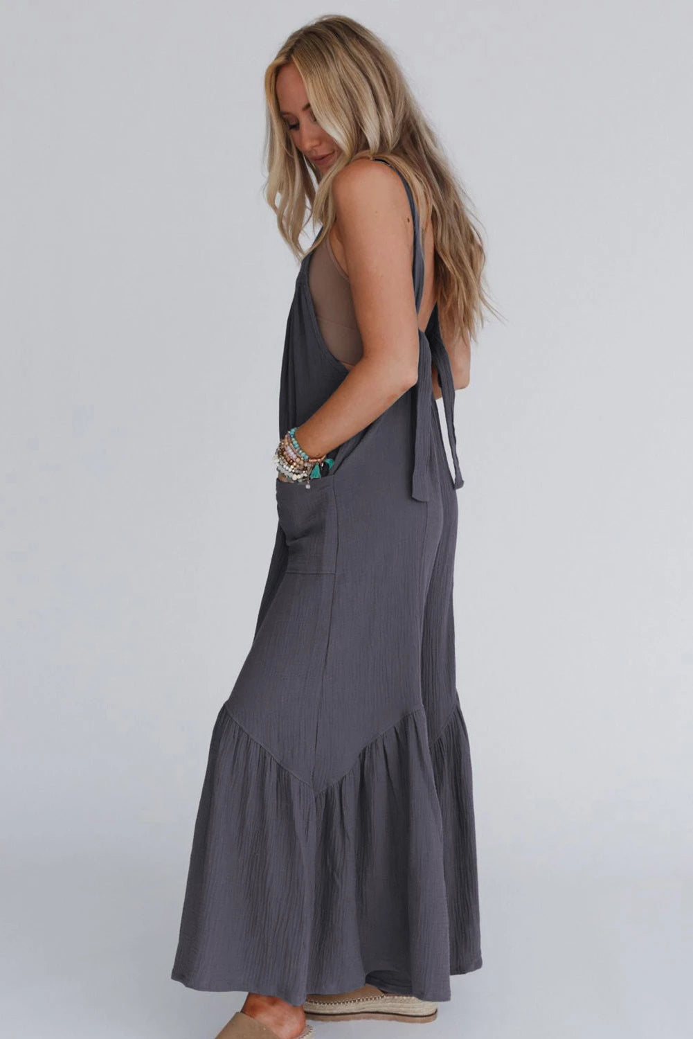 Grey Ruffle Leg Jumpsuit with Pockets & Tied Straps