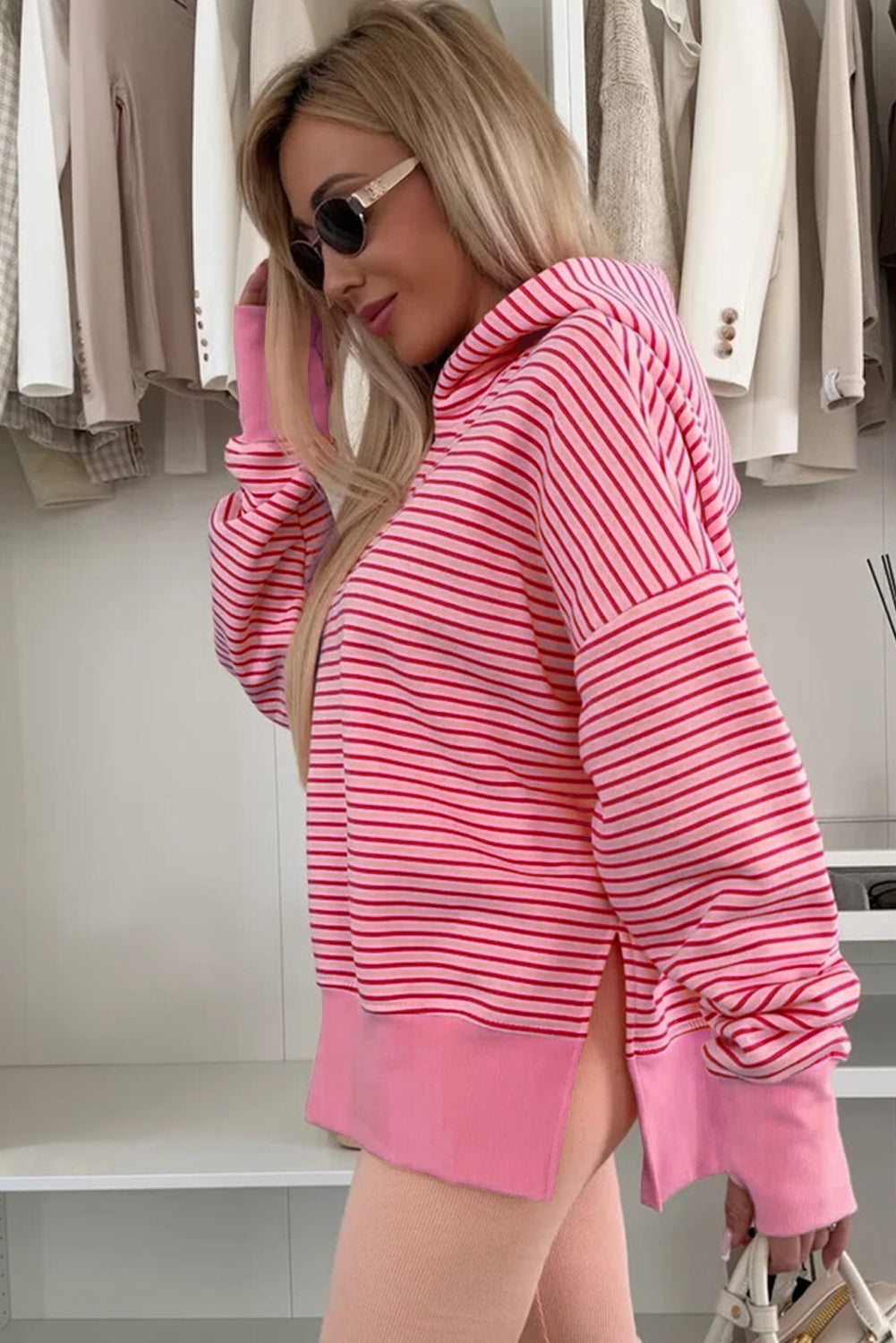 Rose Stripe Thumbhole Side Slits Drop Shoulder Loose Fit Hoodie Shewin