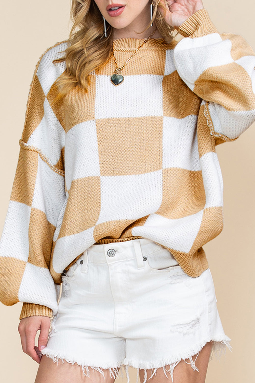 Khaki Plaid Bishop Sleeve Pullover Sweater