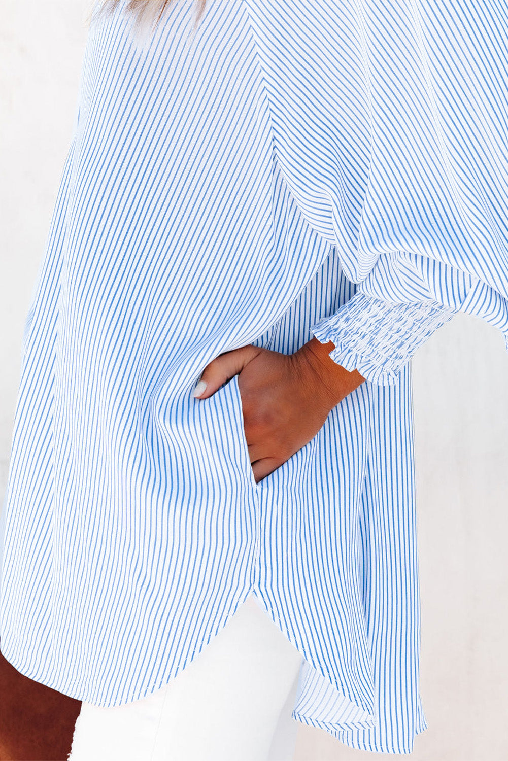 Sky Blue Smocked Cuffed Striped Boyfriend Shirt with Pocket