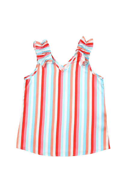 Multicolor Striped V Neck Ruffle Straps Sleeveless Shirt