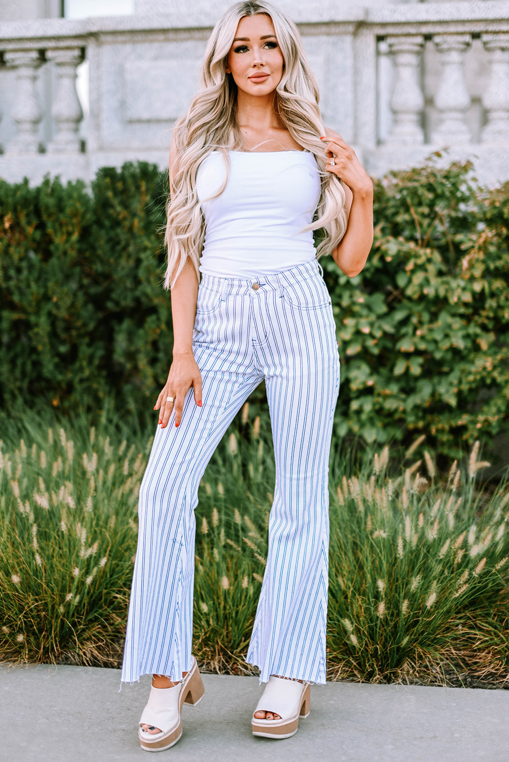 White High Waist Striped Print Flared Pants