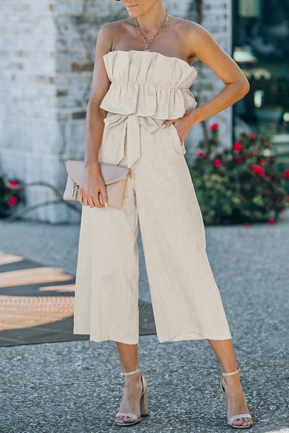 Beige Linen Ruffled Strapless Wide Leg Jumpsuit