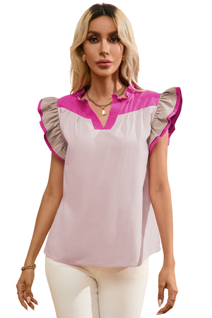 Pink Colorblock Ruffled Sleeve Frill V Neck Blouse