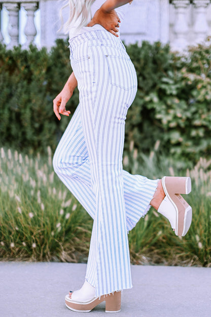 White High Waist Striped Print Flared Pants