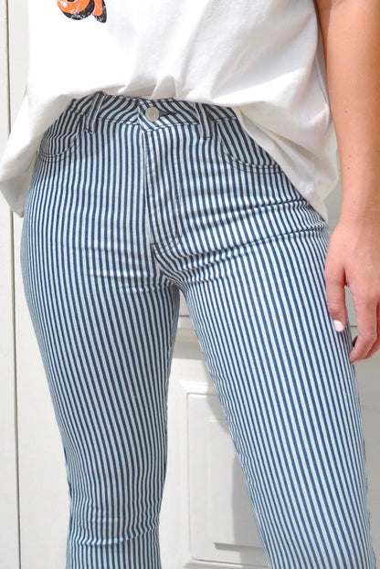 Blue & White Stripe Mid Waste Bellbottom Jeans