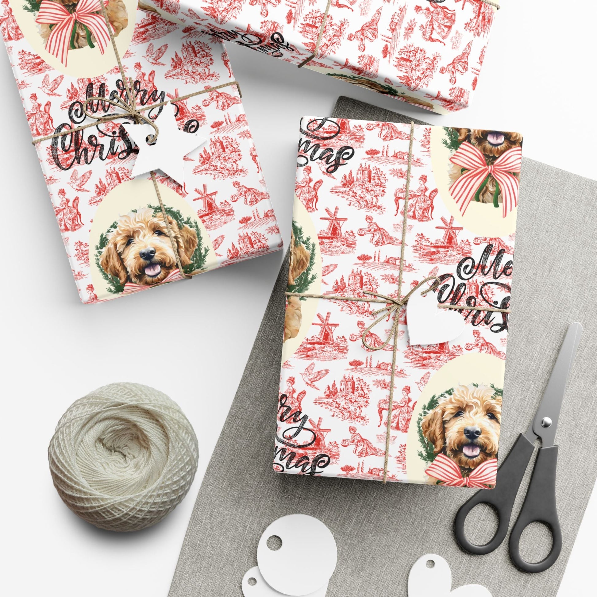 Vintage Red Toile Goldendoodle Christmas Wrapping Paper Printify