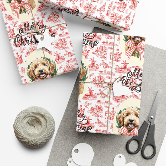 Vintage Red Toile Goldendoodle Christmas Wrapping Paper Printify