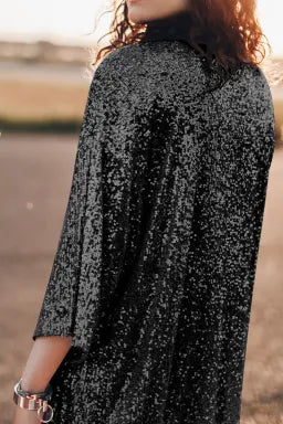 Black Sequin 3/4 Sleeve Open Front Duster Cardigan