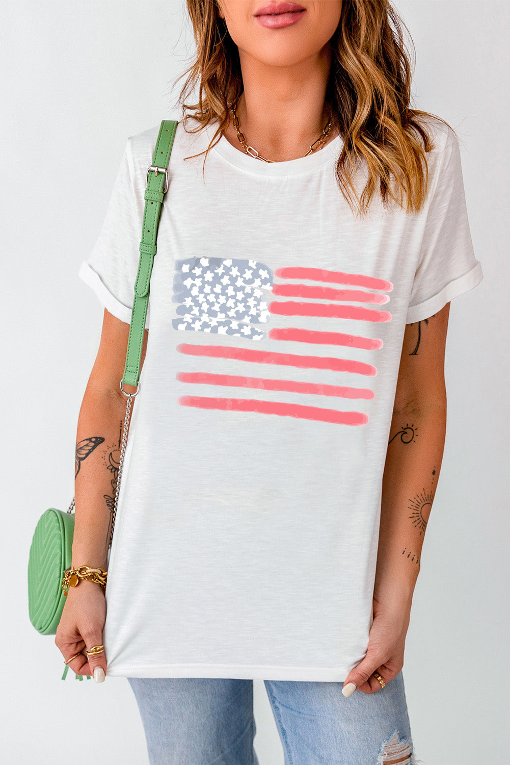 White American Flag Star & Stripe Graphic Crewneck Tee