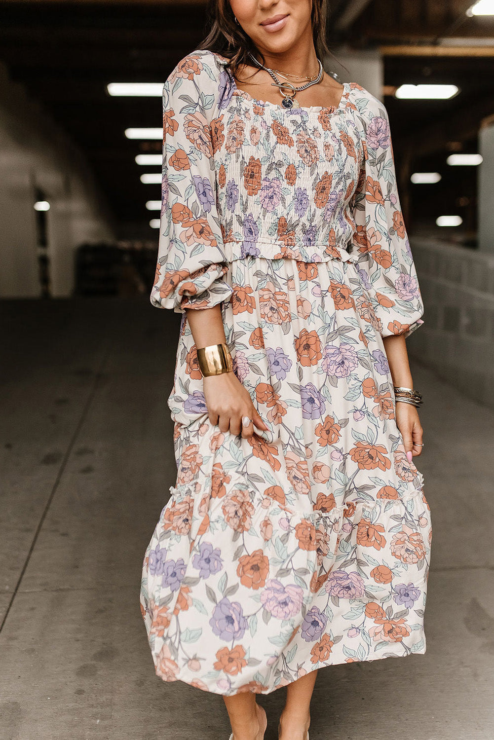 Floral Print Smocked Midi Dress