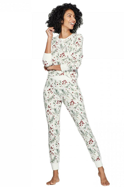 White Holly Print Thermal Pullover Pants Lounge Set